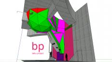 zelene a fialove a cervene - nastrelova rozpracovana vize zpracovani prostoru stropu a prave casti drevene steny - pohled od J (zprava), velka facetovana koule, stena_bp_var2_p4_work1, behy project, cervenec 2014