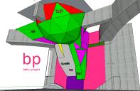 zelene a fialove a cervene - nastrelova rozpracovana vize zpracovani prostoru stropu - pohled od JZ (zprava), velka facetovana koule, stena_bp_var2_p4_work1, behy project, cervenec 2014